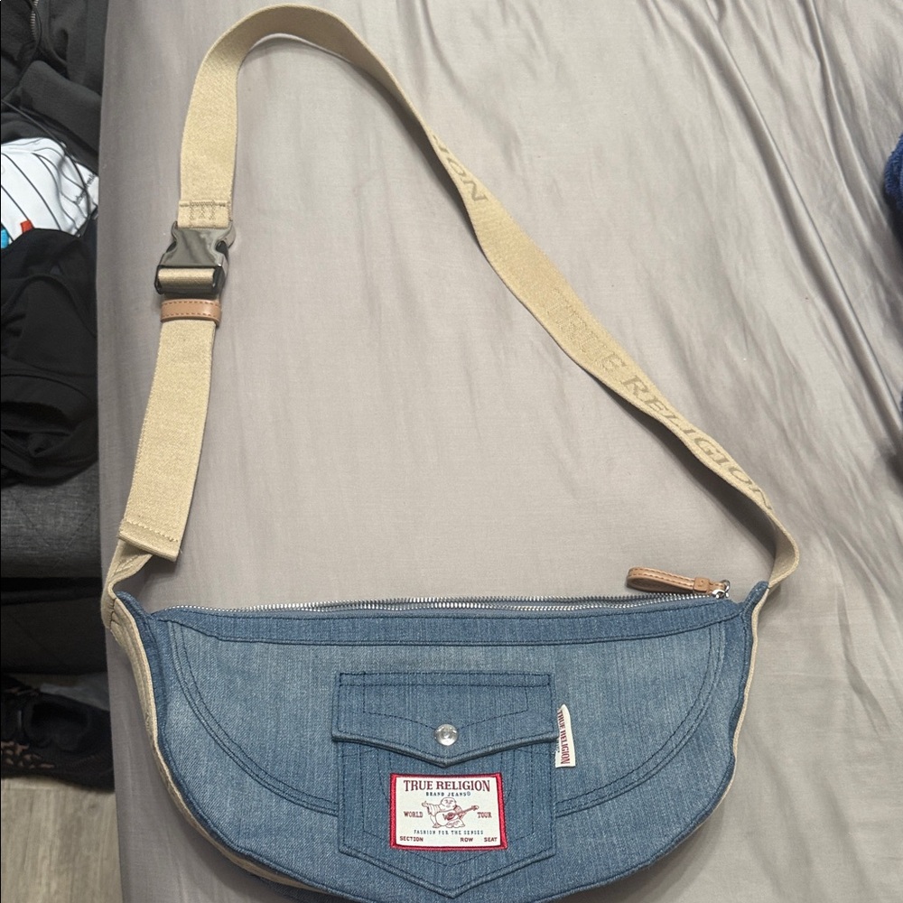 True Religion Denim Belt Bag with Tan Strap